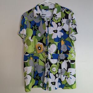 Retro 60s Floral Button Down - Puff Sleeves & Tucked Waist - XL
